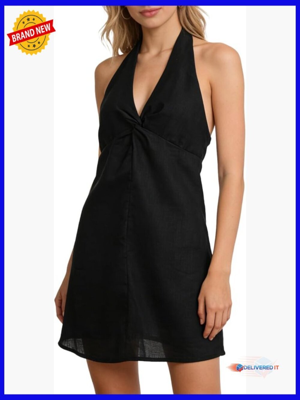 100% Linen Halter Tie Mini Dress Backless Summer Casual
